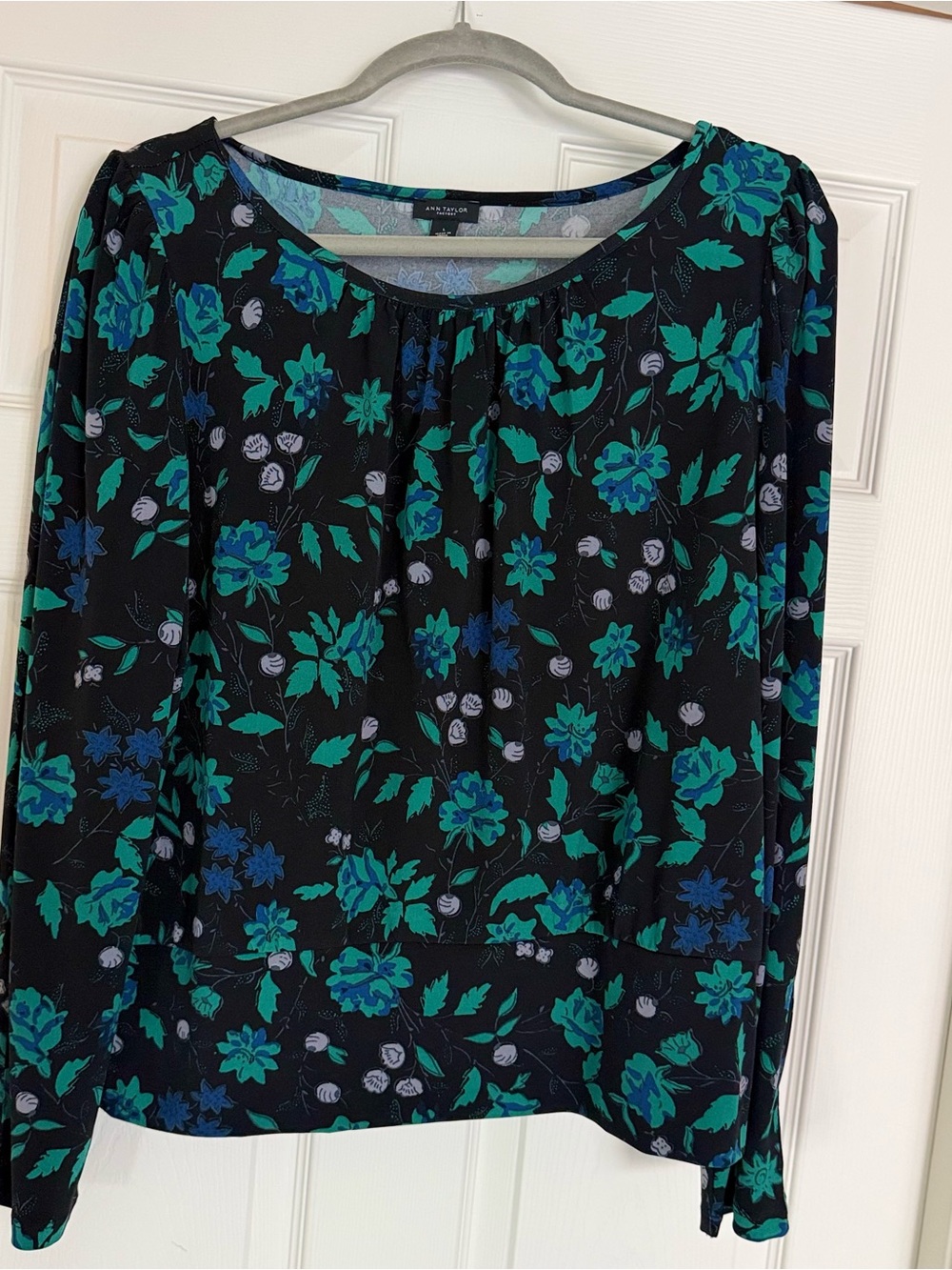 Ann Taylor Black Blouse with Teal and Blue Floral Print